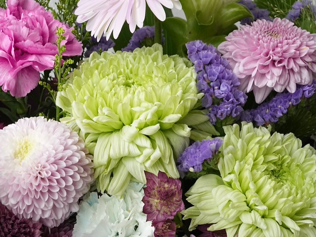 紫やピンク、黄緑の花を合わせたお供えのアレンジメント